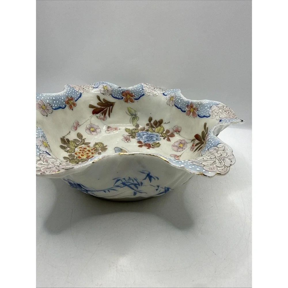 Vintage D&M NY Asian Style Porcelain Satsuma Cabbage Bowl Stamped Scalloped